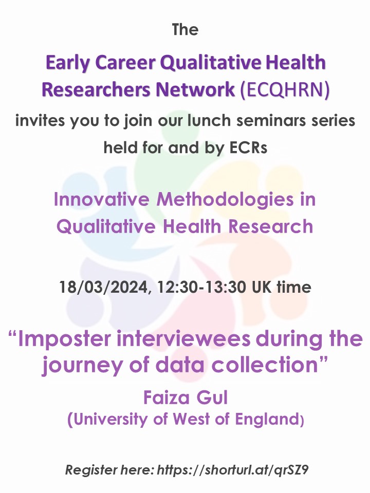 📢We are excited to have Dr. Faiza Gul (University of West of England) on: 'Imposter interviewees during the journey of data collection', in the series: 'Innovative Methodologies in Qualitative Health Research' on the 18/03/24 at 12:30 GMT. Register here: shorturl.at/qrSZ9