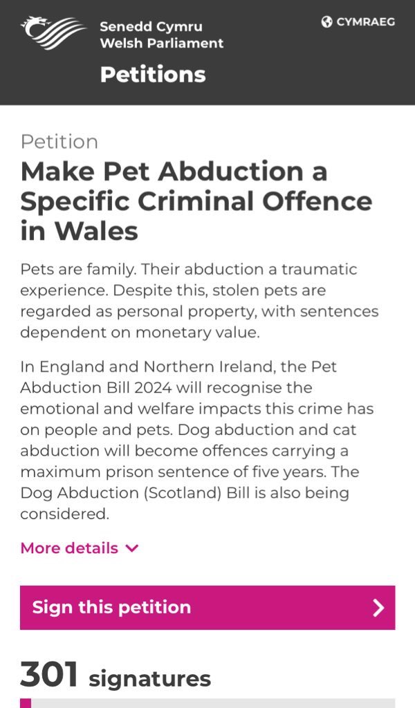 🏴󠁧󠁢󠁷󠁬󠁳󠁿 Pls support pet owners in #Wales 🏴󠁧󠁢󠁷󠁬󠁳󠁿 Petitions with more than 10,000 signatures will be considered for a debate in the @SeneddWales PLS SIGN & REPOST petitions.senedd.wales/petitions/2461…