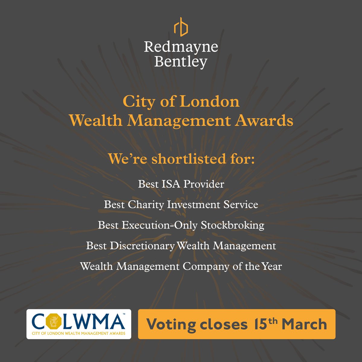 redmaynebentley's tweet photo. We’re delighted that Redmayne Bentley has been nominated in several categories at #COLWMA 2024 ✨

The awards aim to recognise firms who provide outstanding quality of service. 

Vote now 👇

https://t.co/JaSjmrKt8X

#Investing #Stockbroking https://t.co/hbXZ5gN8pu