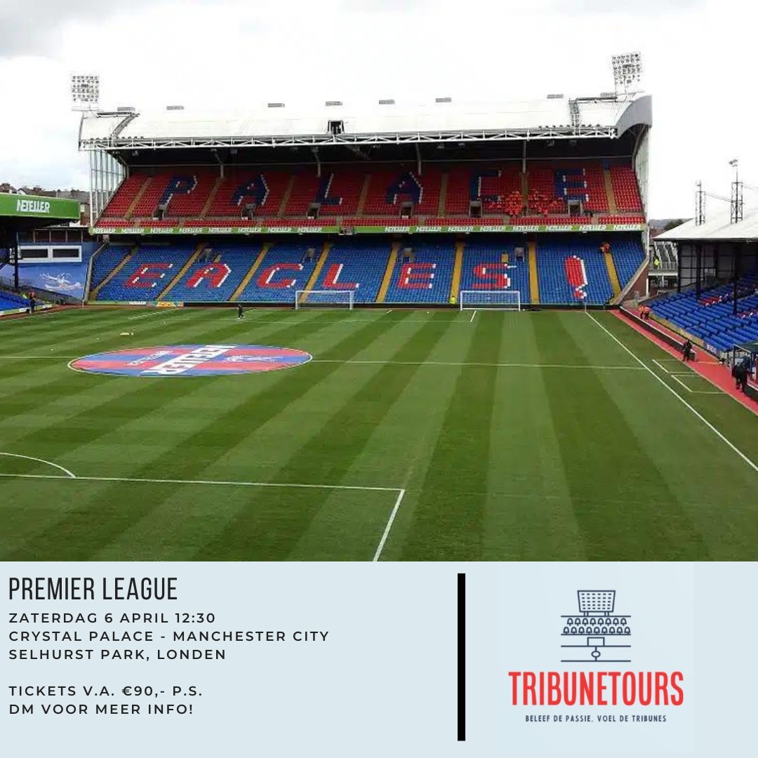 🏴󠁧󠁢󠁥󠁮󠁧󠁿 Crystal Palace - Manchester City
📍 06.04.2024 12:30
🏟 Selhurst Park, Londen
🎟 Tickets v.a. €90,- per stuk

DM of mail naar info@tribunetours.nl voor info!

#crystalpalace #cpfc #manchestercityfc #mcfc #londen #selhurstpark #premierleague #groundhopping #voetbalreis