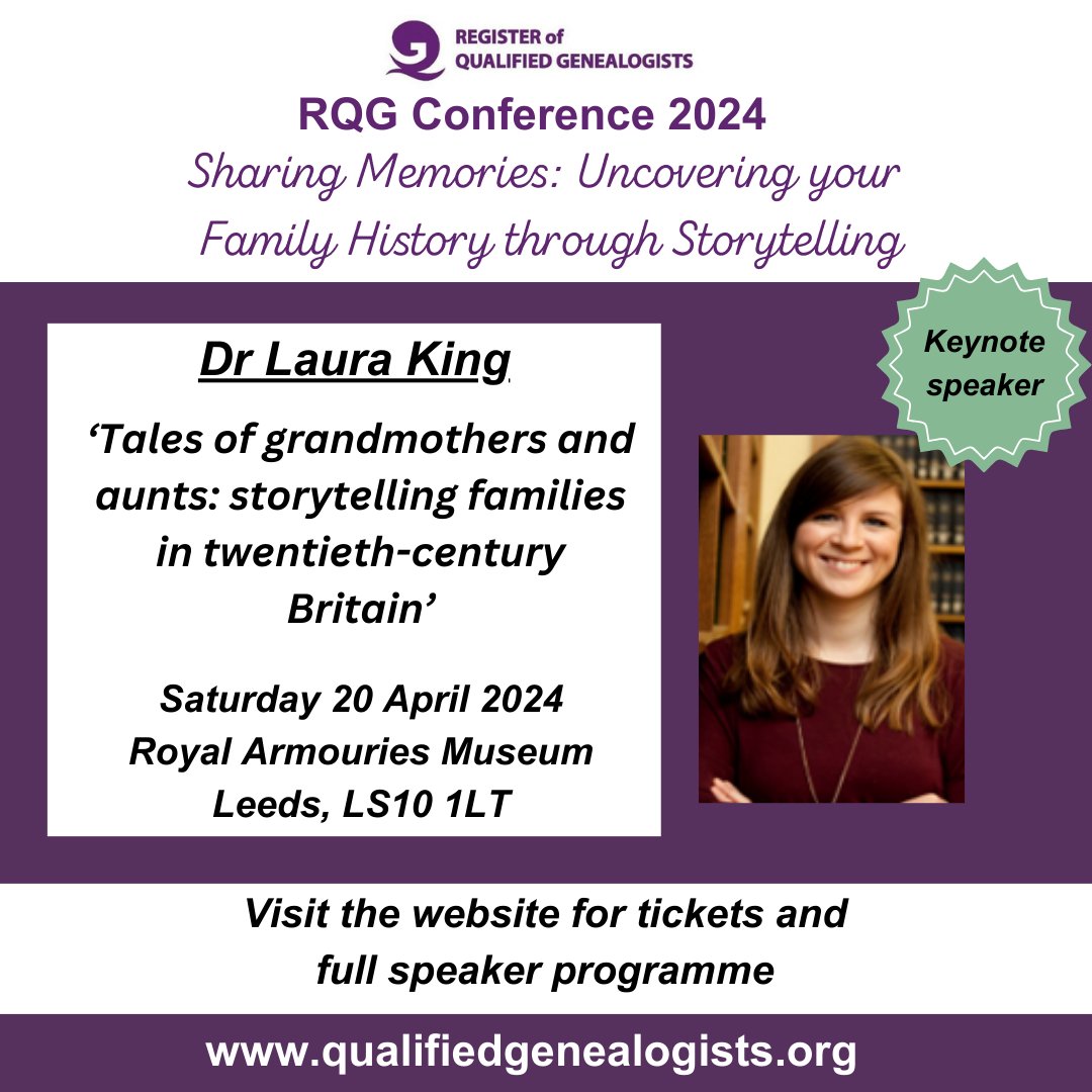 Join our keynote speaker Dr Laura King at the RQG Conference 20 April, Royal Armouries Museum Leeds. Tickets via qualifiedgenealogists.org @DrLauraKing @StrathGenealogy @IHGS @APGgenealogy @SocGenealogists @familytreemaguk #RQGConf24 @RegQualGenes