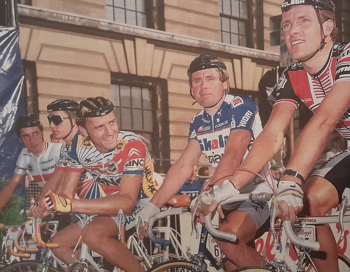 Tony Doyle, Hennie Kuiper, Malcolm Elliott, Adrian Timmis and Tim Harris line up at the start during a round of the Kellogg’s City Centre Series. 📷 @PhilOCPhotos