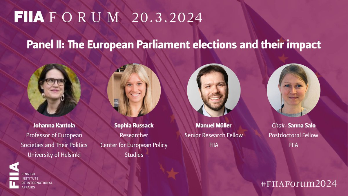In 2024, EU citizens will vote in the European Parliament elections. 🇪🇺 The 2nd panel of #FIIAForum2024 will discuss the impact of the EP elections with @johanna_kantola, @SophiaRussack, @_ManuelMueller & chair @sanna_salo_. Register for the livestream ➡️fiia.fi/en/event/fiia-…