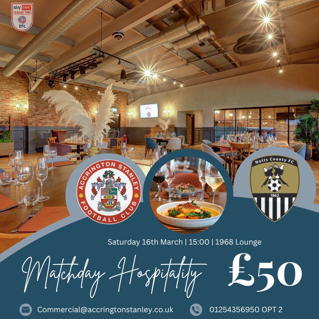 🍴 Last few remaining places are available in our 1968 Lounge at our match against Notts County Football Club this Saturday 16th March. ➡ Enquire today on 01254 356950 OPT2.