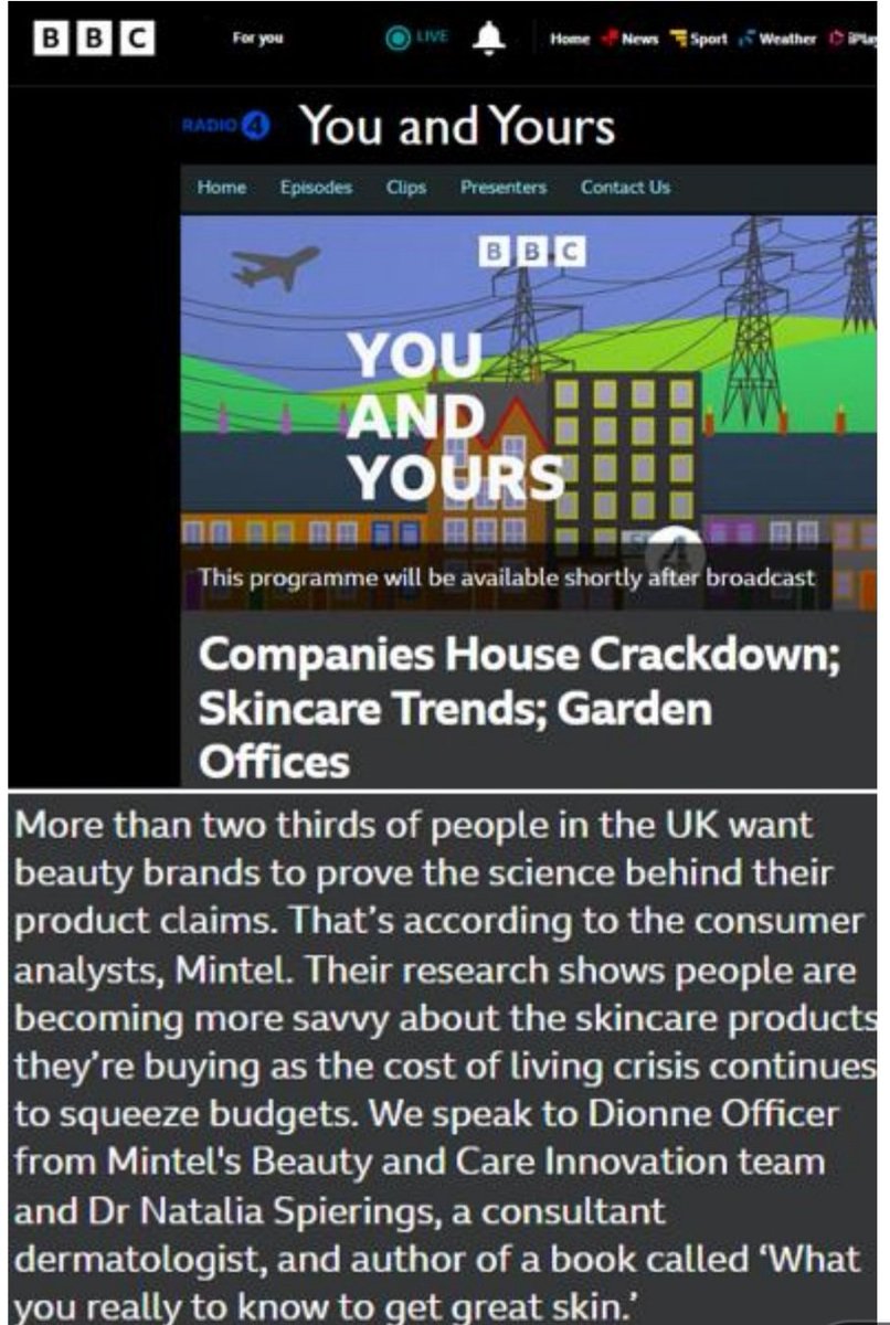 <a href="/Dr_N_Spierings/">Dr Natalia Spierings</a> talking live on <a href="/BBCRadio4/">BBC Radio 4</a> You and Yours, a Consultant Dermatologist &amp;  author of a book called ‘Skintelligent: What you really need to know to get great skin.’