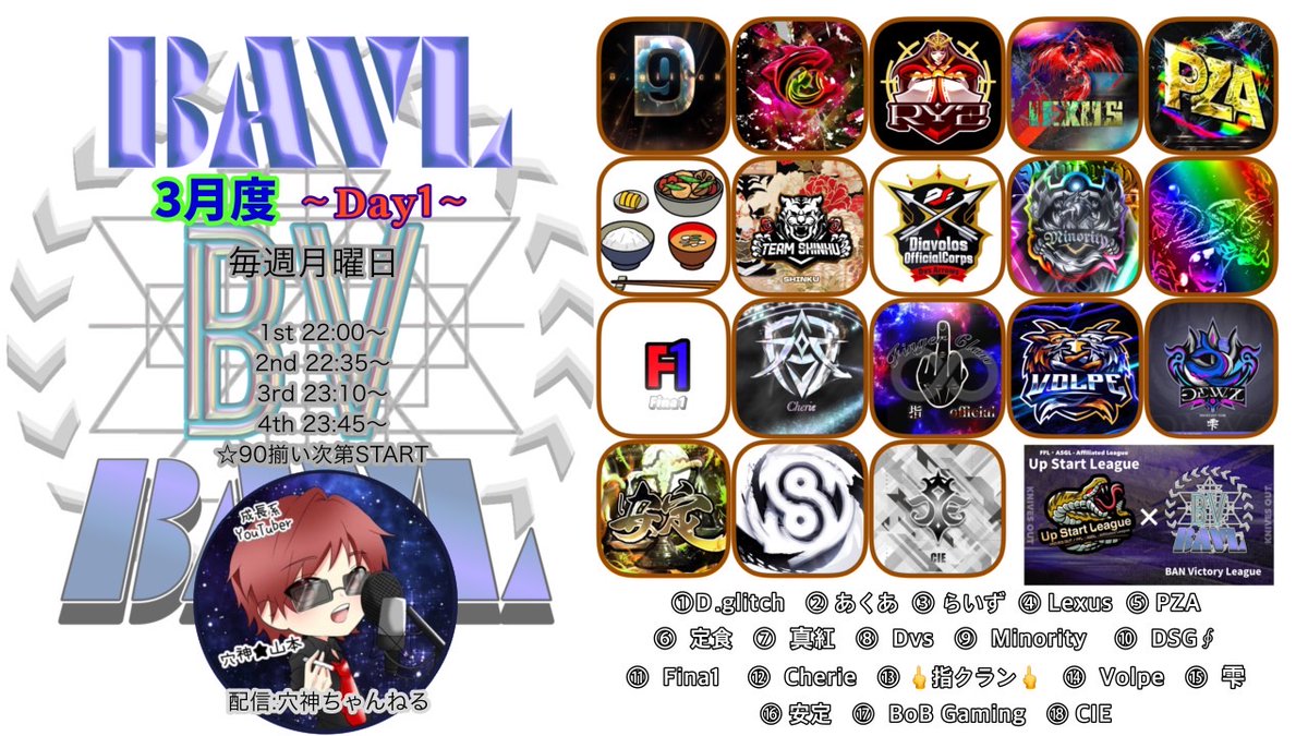 maitting_pr's tweet photo. ~本日の穴神ちゃんねる配信~

22:00~【BAVL】☆3月度Day1☆
FFL/ASGL提携 USL/TYL予選リーグ

今月もBAVL開幕👓
選手よ！熱く舞え💃
高みへいけ！！！

O-30実況者の穴神ちゃんねるが
実況配信担当！
本日も穴神節で映えさせます🔥

🔗配信リンク🔗
https://t.co/Q9u51vaKCd https://t.co/yjeyeMal4O