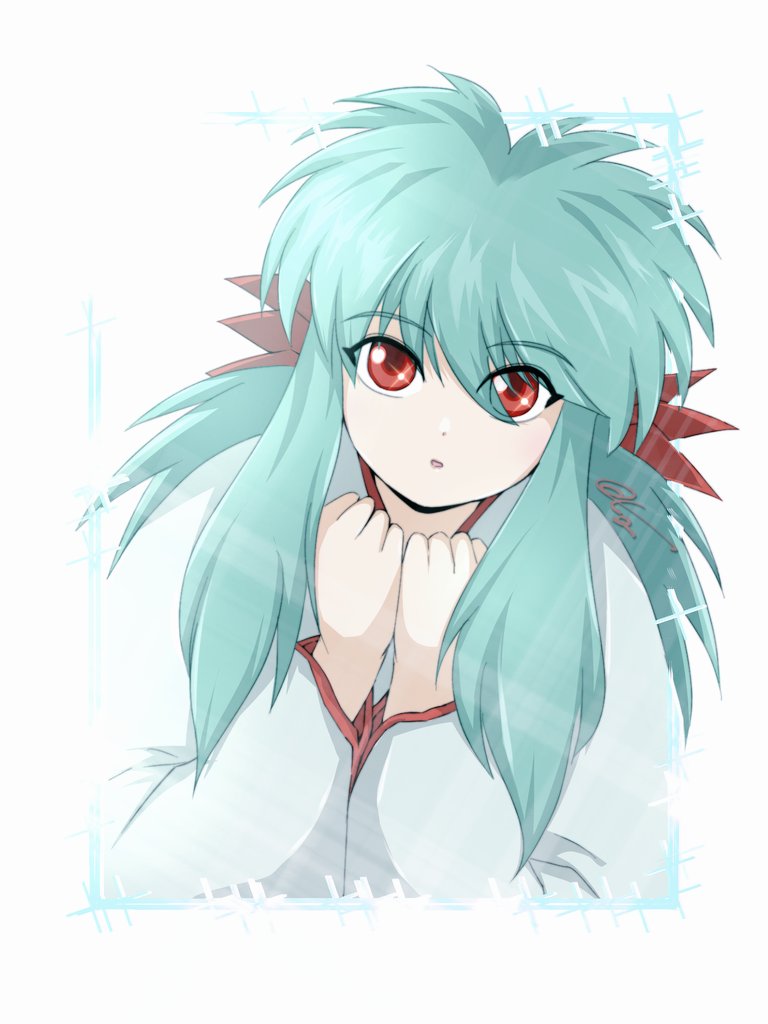 1girl solo red eyes long hair japanese clothes aqua hair looking at viewer  illustration images