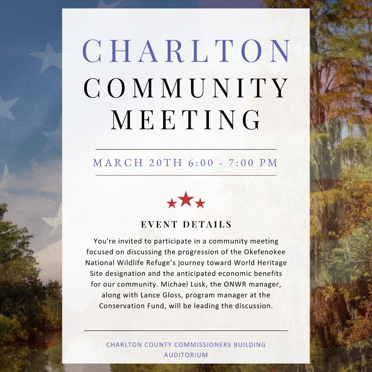 You're invited to participate in a community meeting focused on discussing the progression of the Okefenokee National Wildlife Refuge's journey toward World Heritage Site designation and the anticipated economic benefits for our community.  MARCH 20TH, 2024