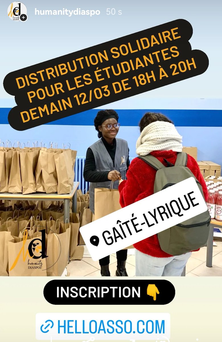 🎯 Prochaine #distribution #solidaire pour les #étudiant.e.s aura lieu demain à La Gaîté Lyrique de 18h à 20h

✅ Inscriptions 👉helloasso.com/associations/h…