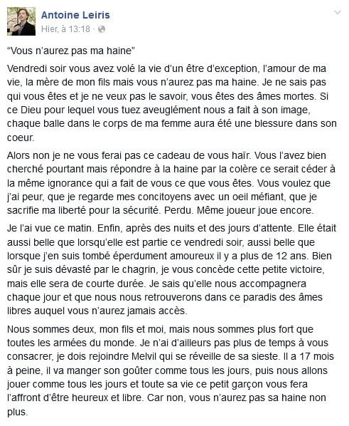 #11Mars en cette journée nationale d'hommage aux victimes du terrorisme Toutes mes pensées vont aux familles de ceux qui nous ont quittés mais aussi  aux blessés et aux personnes qui font face au terrorisme
Merci à Antoine Leiris pour ce texte
📷 @Prefecture42
#NeJamaisOublier