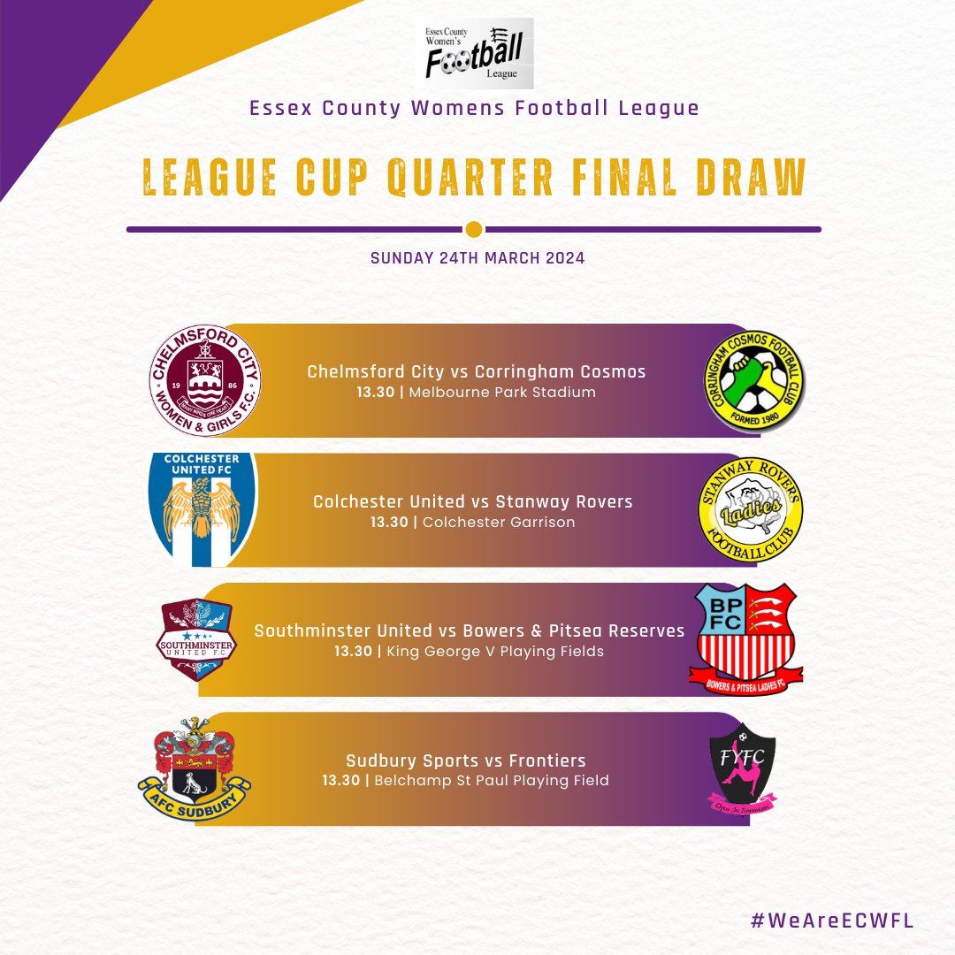 𝗟𝗲𝗮𝗴𝘂𝗲 𝗖𝘂𝗽 𝗗𝗿𝗮𝘄 The draw has been made for the League Cup Quarter Finals and its a re-run of last years final. @ClaretsWomen vs @CosmosLadiesFc @ColU_Women vs @FcStanway @SouthminsterUtd vs @BowersLadiesRes @AFCSudburyWomen vs @frontiersladies #WeAreECWFL