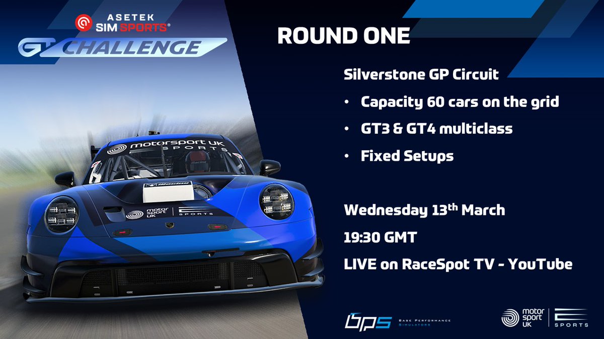 The <a href="/AsetekSimSports/">Asetek SimSports</a> GT Challenge is nearly here!

Round 1 at Silverstone Circuit is LIVE on <a href="/RaceSpotTV/">RaceSpot TV</a>   Wednesday from 19:30 GMT.

With a capacity 60 cars on the grid you do not want to miss this!

#esports #simracing #iracing #motorsport #gtracing