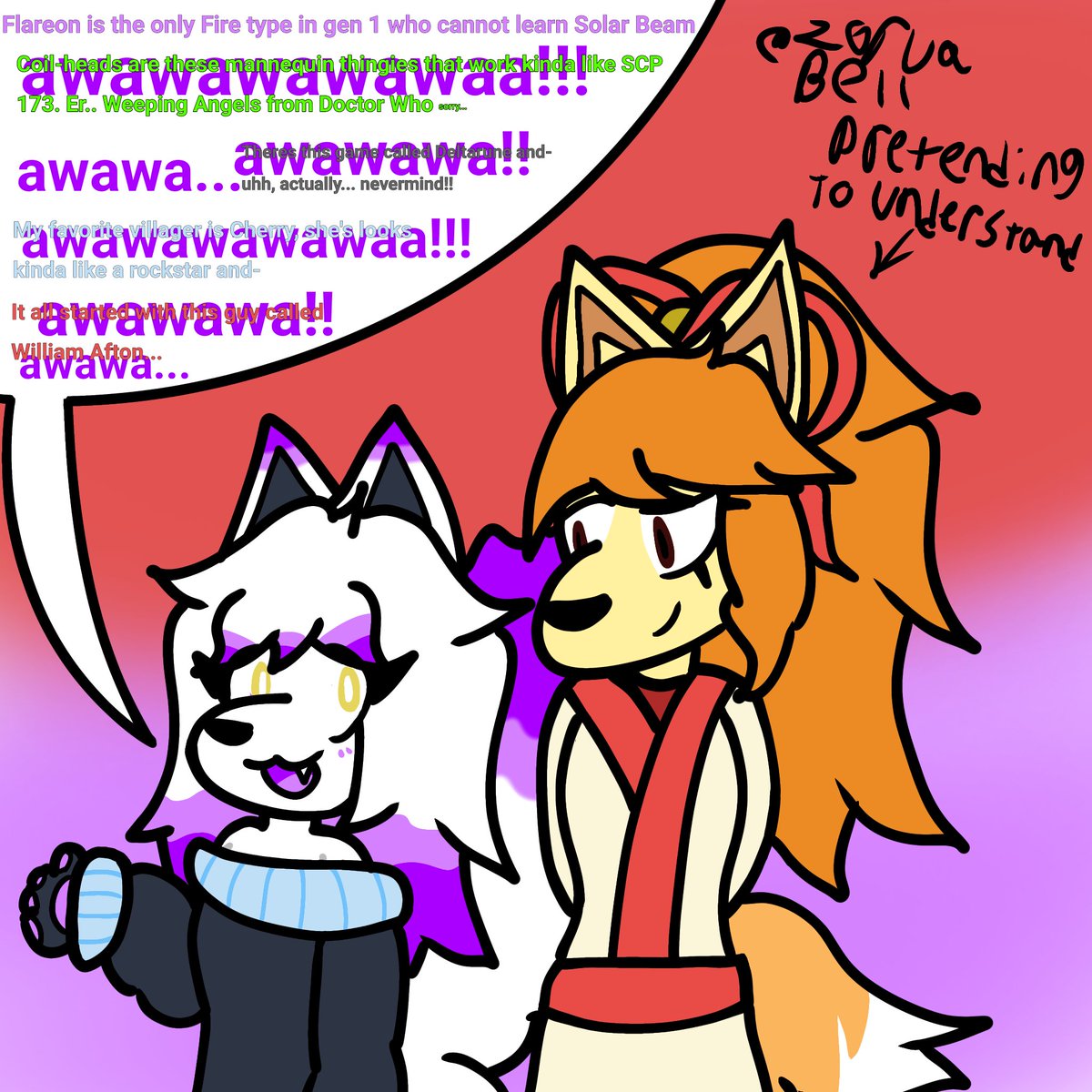 ZoruaBell's tweet photo. Violet infodumping about her hyperfixations to Ceroba https://t.co/7Bo4GN1Ttl