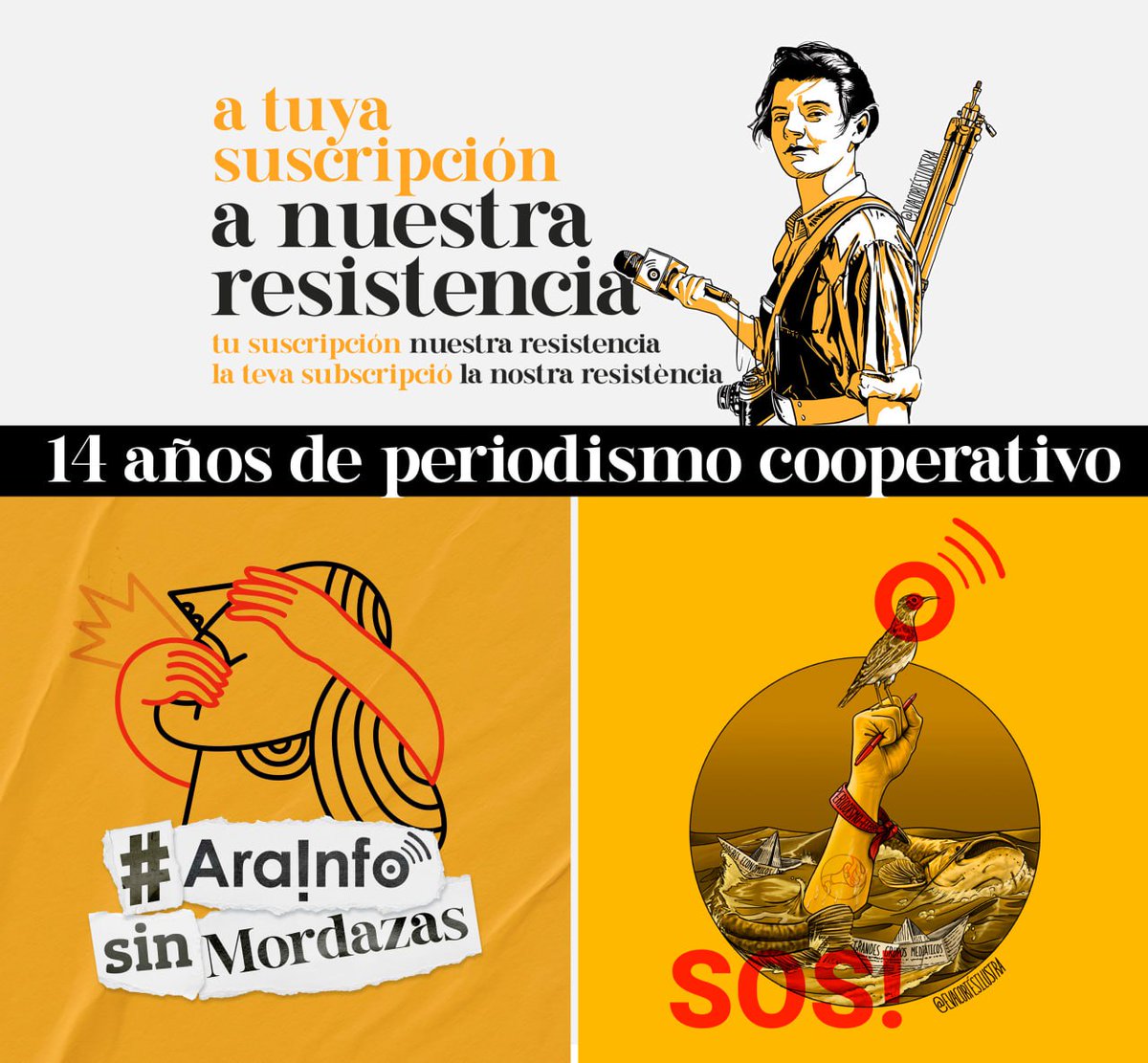 Este lunes, 11 de marzo, @arainfonoticias celebra 14 años de resistencia, 14 años sin mordazas... 14 años de periodismo cooperativo desde la economía feminista y solidaria #NuestraResistencia #AraInfoSinMordazas #EstricallaOSilencio ➡️ Te necesitamos: arainfo.org/suscripciones/