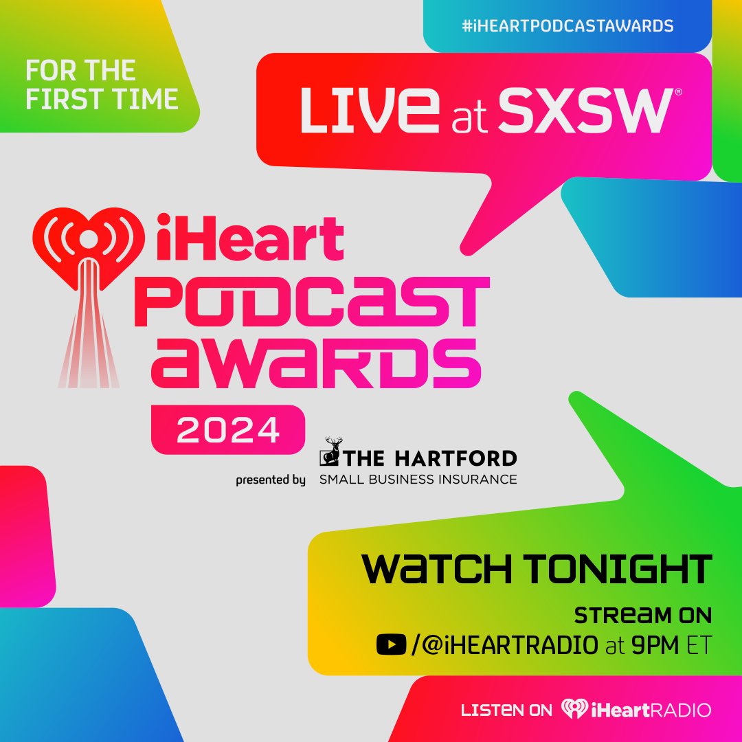 ✨TONIGHT! ✨ Our #iHeartPodcastAwards presented by @TheHartford is LIVE at @sxsw! 🏆 Watch the show at 9pm ET here ➡️ ihe.art/Ecv8j14