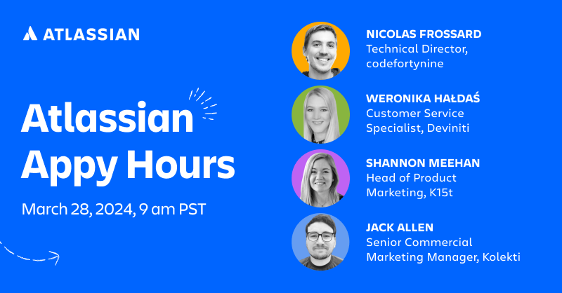 Join us for the first #AppyHours of the year on 3/28 at 9am PST! Don't miss out on learning more about 4 different apps, and vote for your favorite app to win Best App Demo! 🏆 bit.ly/49ytAnJ @Atlassian @AtlassianMarket #Atlassian #AppyHours #AtlassianMarketplace