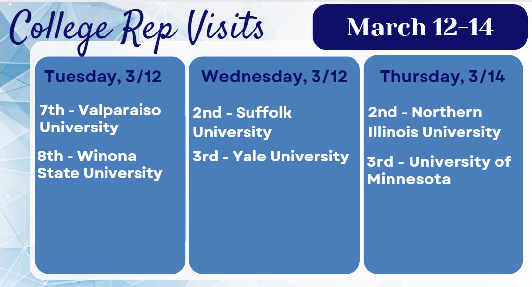 View the full schedule and sign up in SchooLinks on the "Events" tab.