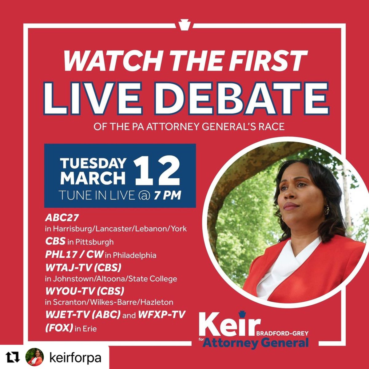 Higher Heights endorsed candidate for Pennsylvania Attorney General @keirbgrey will be participating in the first Pennsylvania AG Debate tomorrow, March 12 at 7PM #BlackWomenLead #ShesGotNext