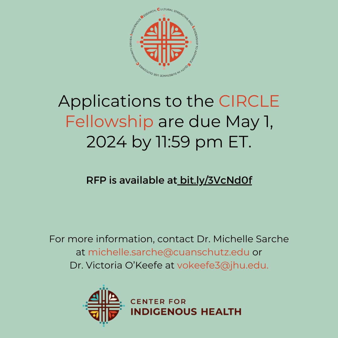 A unique fellowship opportunity with the CIRCLE Center of Excellence is available at @JHUCIH focused on substance use inequities within #Indigenous communities in the U.S. Applications are due May 1, 2024. Find out more bit.ly/3VcNd0f.