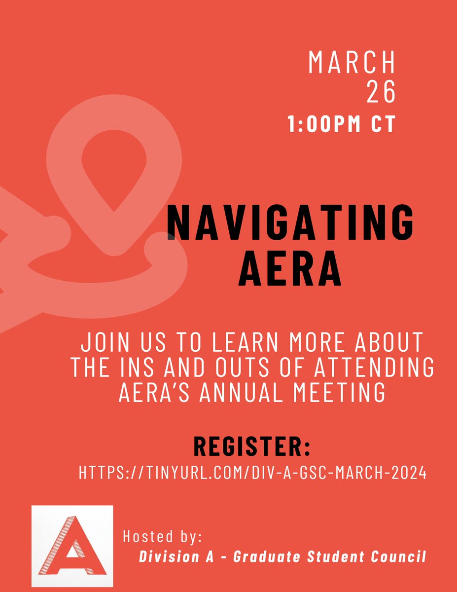 Going to Philly for the AERA 2024 annual meeting? Don’t miss the latest graduate student webinar hosted by the AERA Division A GSC! Our graduate student panelists will share some useful tips for maximizing professional opportunities at the annual meeting! tinyurl.com/Div-A-GSC-Marc…