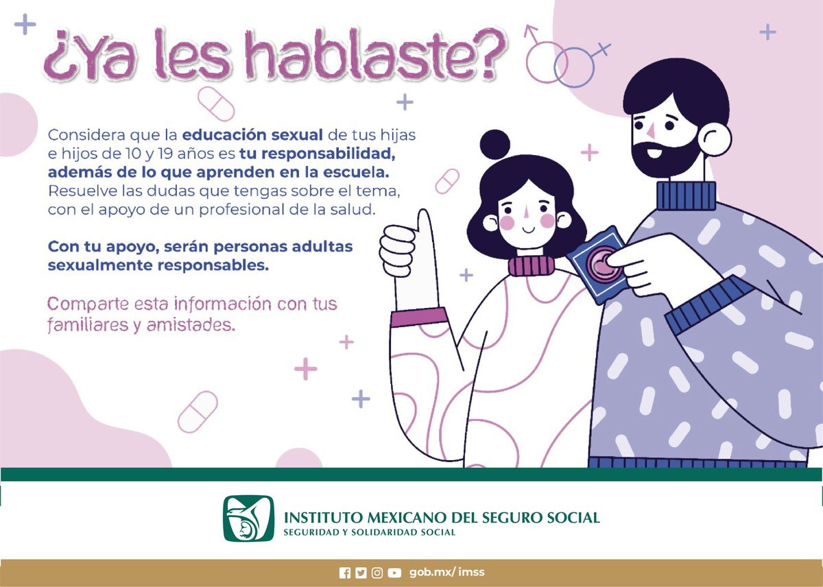 ¿Ya les hablaste?
Considera que la #EducaciónSexual de tus hijas e hijos de 10 a 19 años de edad, es tu responsabilidad.
Infórmate en tu Unidad de Medicina Familiar.
#Sexualidad #SaludReproductiva #PrevenciónEmbarazoAdolescente #PlanificaciónFamiliar