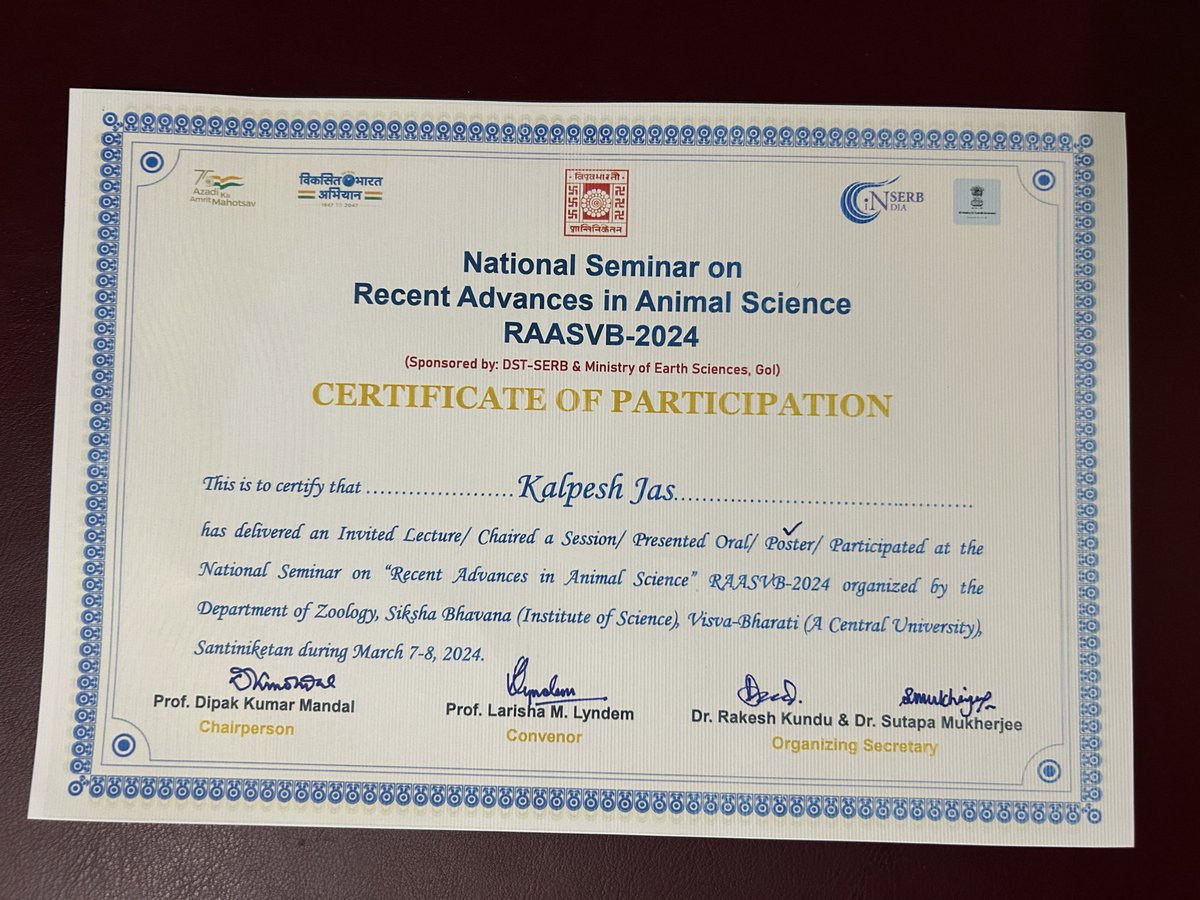 Successfully participated &amp; presented my poster in National Seminar on Recent Advances in Animal Science - 2024 , organised by Department of Zoology, Visva-Bharati University.
I would like to thank <a href="/MunshiChayan/">Chayan Munshi</a>, <a href="/DasDeepyaman/">Deepyaman Das (Deep)</a> &amp; <a href="/SourishPramani4/">Sourish Pramanik</a> for their support &amp; contributions.