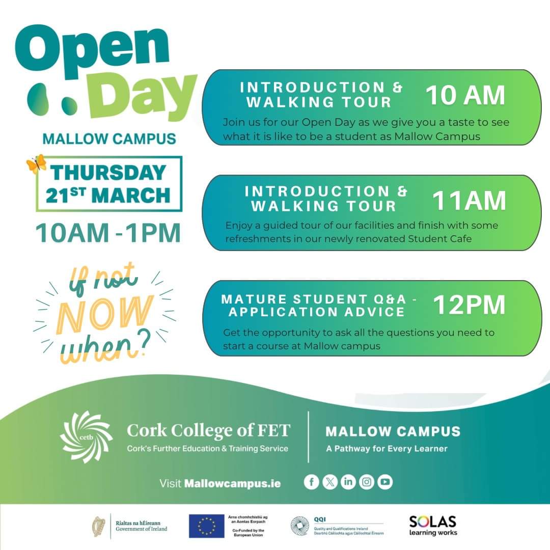 📅Save the date! Our Open Day is happening next week, Thursday 21st of March from 10 am to 1 pm. 
Pop in to check out the courses on offer starting in September.
Applications are open for all of our courses on mallowcampus.ie
#mallow #cork #cetb #leavingcert2024 #PLC