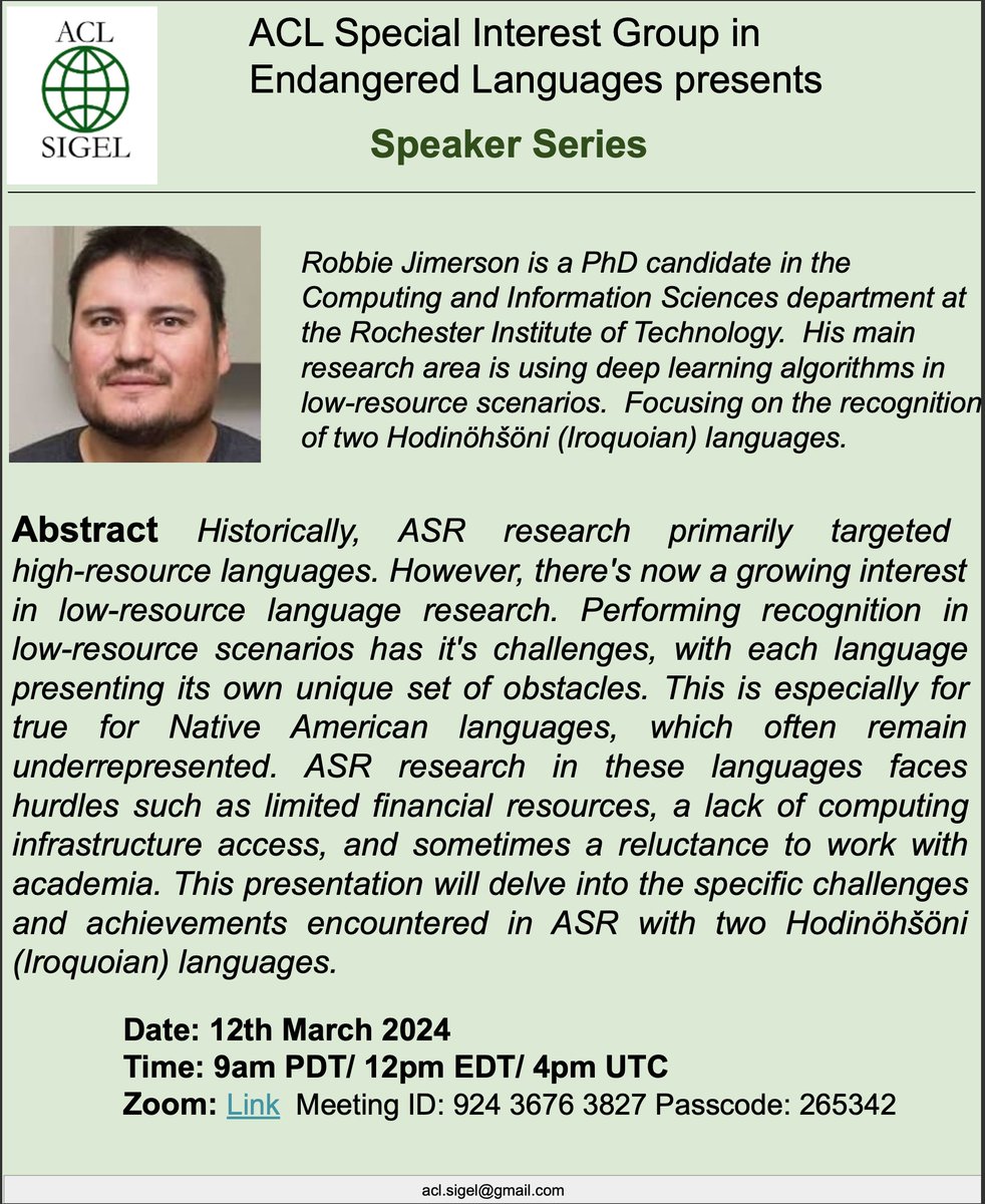 🚨🚨🚨 New talk tomorrow (12th March) by Robbie Jimerson about ASR for two Hodinöhšöni (Iroquoian) languages.

Details below!

See you all there!