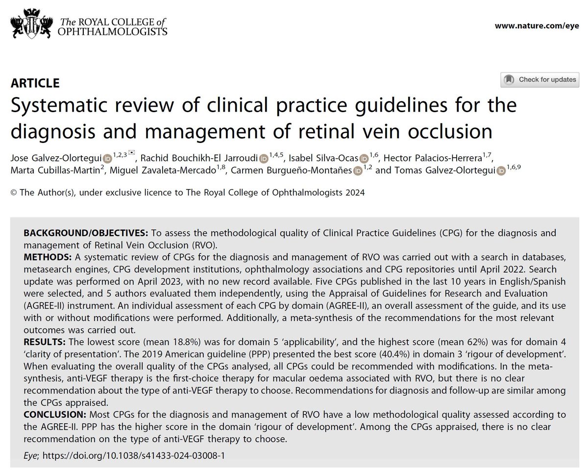 oftalmoevidence's tweet photo. Compartimos nuestra más reciente publicación, en la revista Eye(Q1, Medline/Pubmed, WOS, Scopus): Galvez-Olortegui et al. Systematic review of clinical practice guidelines for the diagnosis and management of retinal vein occlusion. Eye (2024). https://t.co/edMzsekLe2 https://t.co/OrvYCmt8VJ