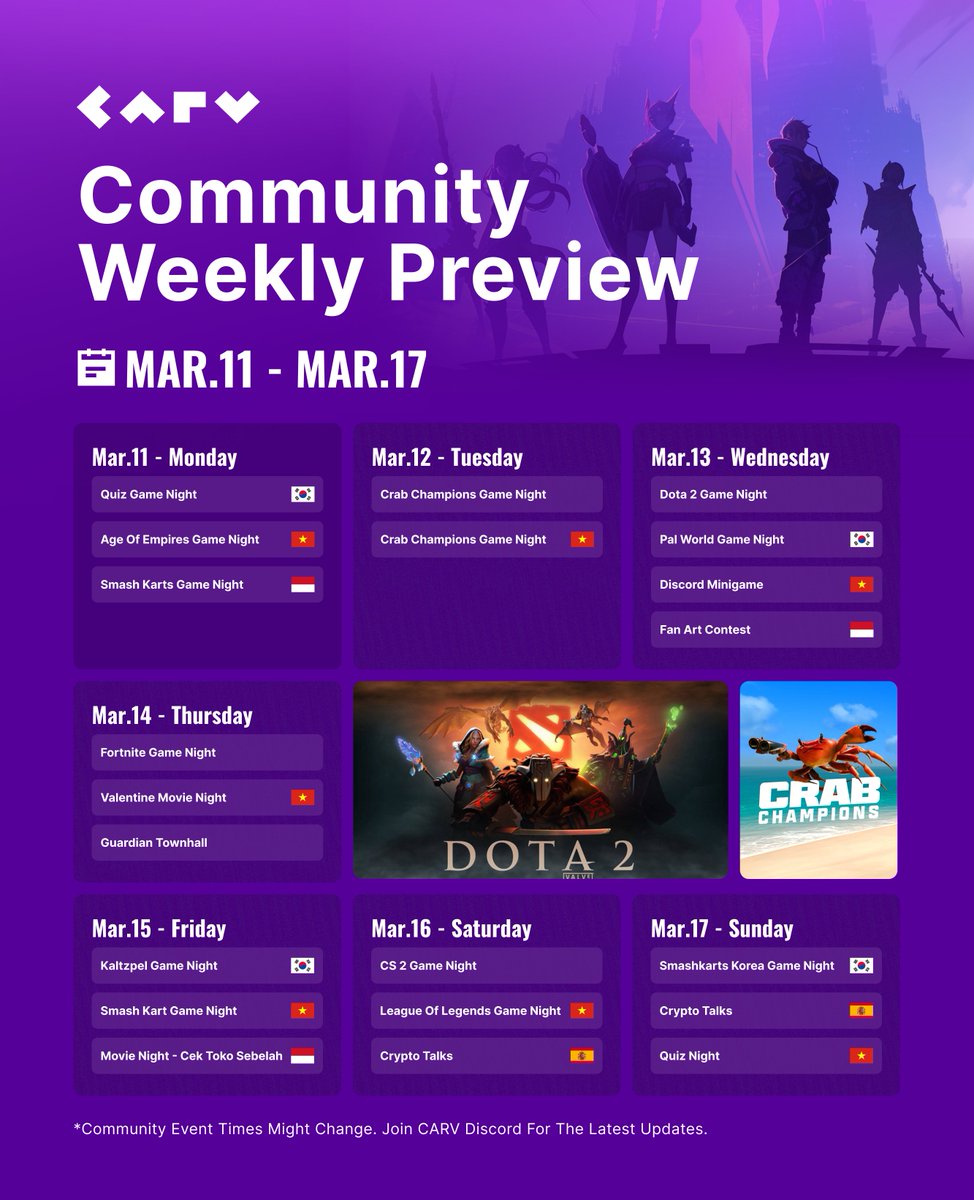 THIS WEEK IN CARV COMMUNITY

Double the fun when we game and joke around 🎮
Join CARV Discord Community👉discord.com/invite/carv

Gear up for this week's community event preview!  We've got #Dota2, #Fortnite, #CS2, and a whole lot more fun planned. 

#GamingCommunity #CARV