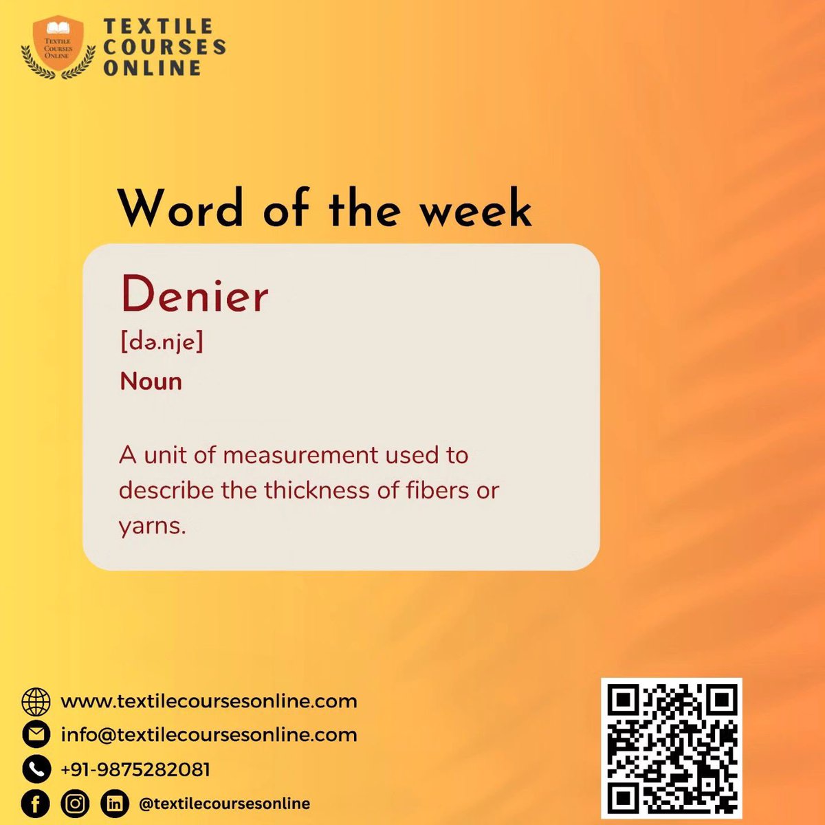 TextileCourses's tweet image. Word Of The Week- Denier: A unit of measurement used to describe the thickness of fibers or yarns.

To know more,
Visit: textilecoursesonline.com
Or Contact: 9875282081

#textilecourses #onlinelearning #knittingbasics #knitting #crafting #learnsomethingnew #creativity