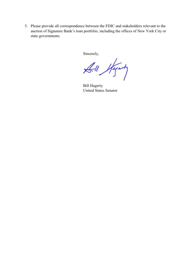 SenatorHagerty's tweet image. When auctioning the assets of failed institutions, the FDIC is required to protect taxpayers by maximizing the sale's value. Sources indicate that they did not do so with Signature Bank. I sent a letter to the @FDICgov seeking answers on its sale of Signature's loan portfolio.