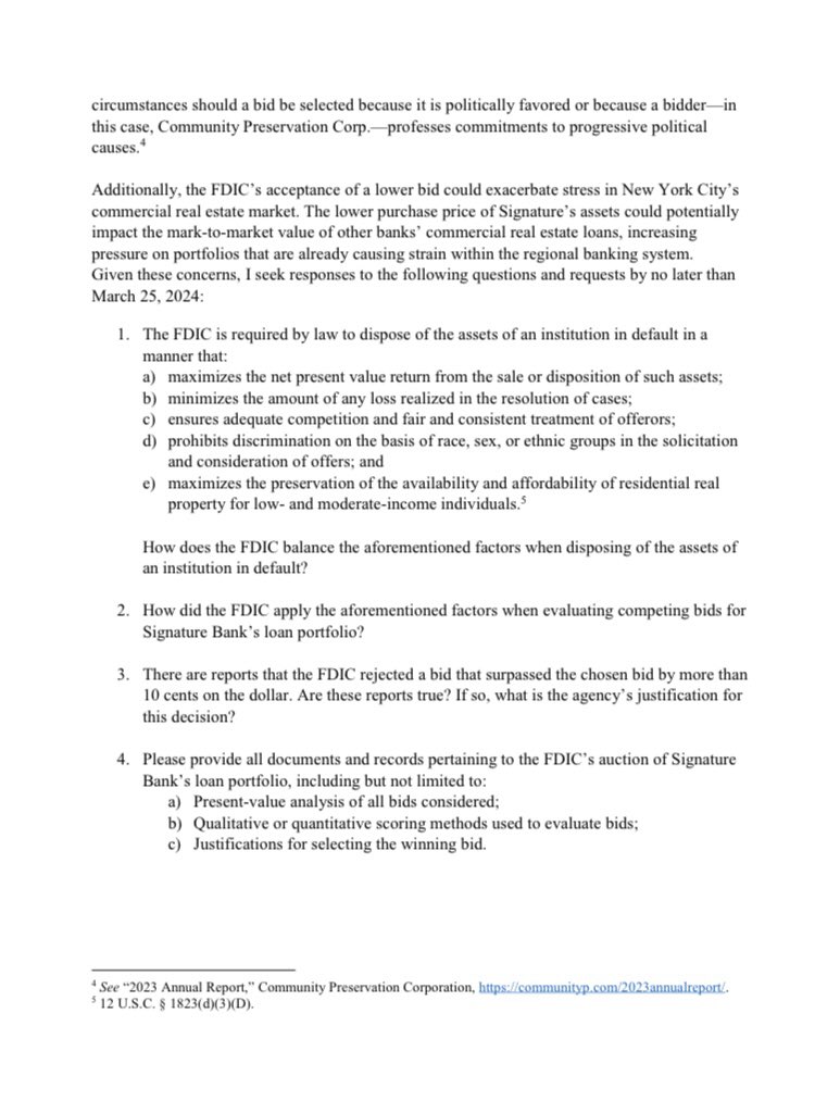 SenatorHagerty's tweet image. When auctioning the assets of failed institutions, the FDIC is required to protect taxpayers by maximizing the sale's value. Sources indicate that they did not do so with Signature Bank. I sent a letter to the @FDICgov seeking answers on its sale of Signature's loan portfolio.