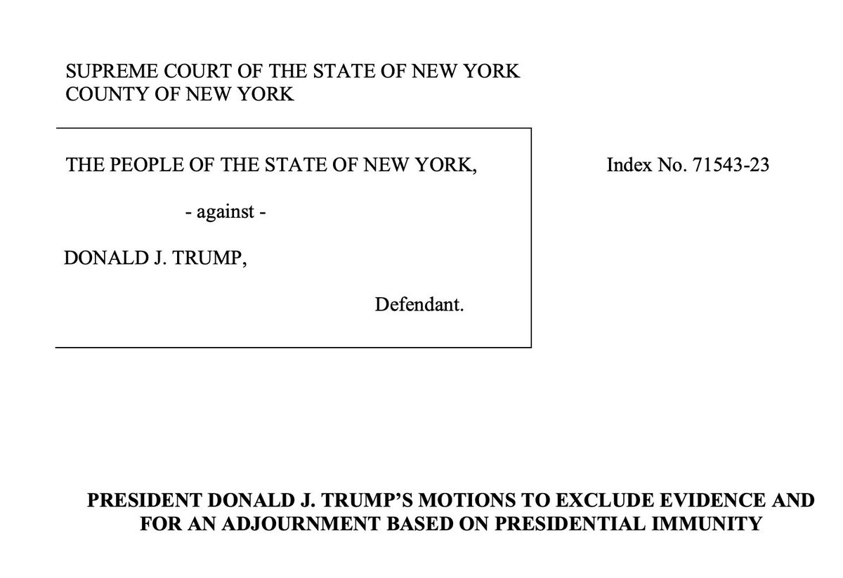 Trump is trying to avoid going to trial in Manhattan on 3/25, trying to tie the case up in a presidential immunity argument. But none of the conduct here involves the presidency; it's about the campaign & his private business. And in any event, Trump waived immunity as Judge…