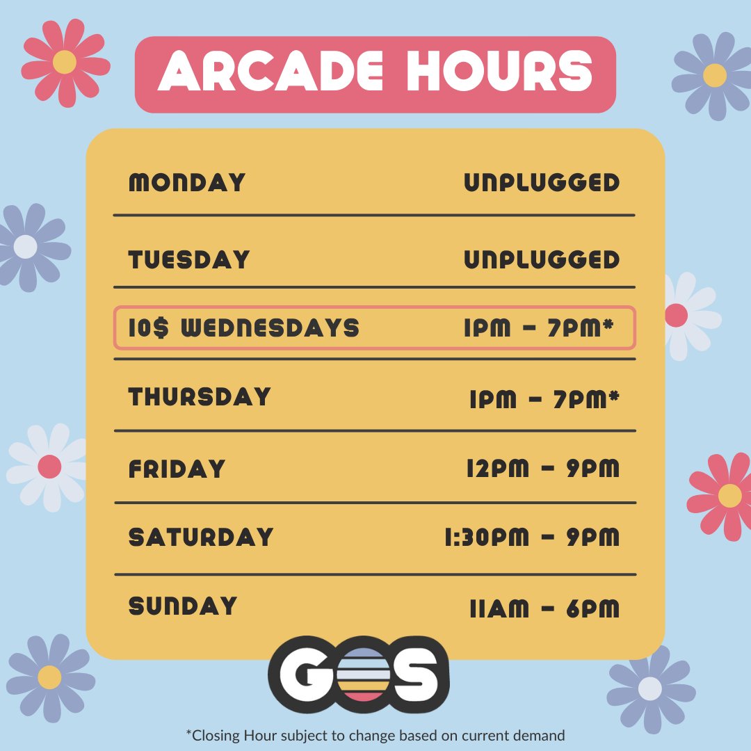 Anyone else feeling ready for Spring? This week's Arcade Hours are here and we thought it'd only be appropriate to have our hours post be a little spring inspired too 🌸

#gameonstate #arcade