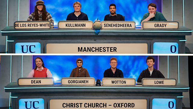 Manchester and Christ Church have each won one quarter-final and lost another. So tonight’s match will decide which of these superb teams reaches the semi-finals. May your legendary mascots bring you luck!

#UniversityChallenge 20.30 @BBCTwo and @BBCiPlayer
#QuizzyMondays