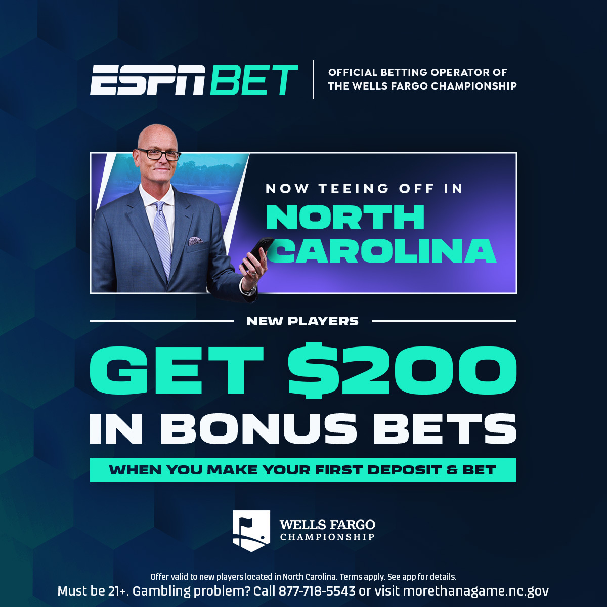 Big news! North Carolina just legalized sports betting today and we’re excited to share our new partnership with @ESPNBet as the Official Betting Operator of the #WellsFargoChampionship. ⛳ Take advantage of this offer and make sure to stop by their Member's Lounge on the…