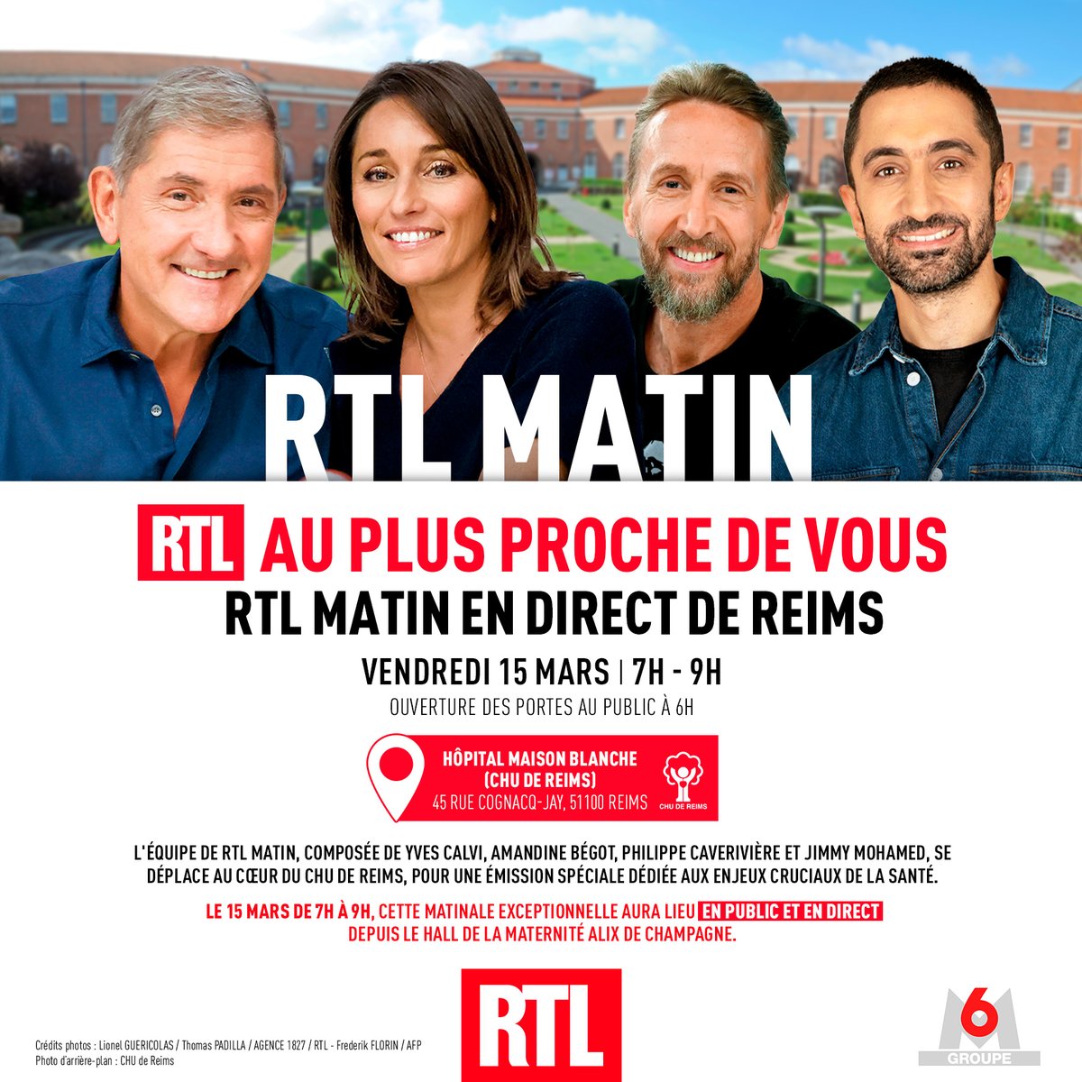 🔴 RTL au plus proche de vous ! 🏥 #RTLMatin en direct de Reims au @CHUdeReims 🩺Le 15 mars de 7h à 9h sur @RTLFrance, Yves Calvi, @amandine_begot, Philippe Caverivière et @Dr_moji seront en direct et en public depuis le hall de la maternité Alix de Champagne !
