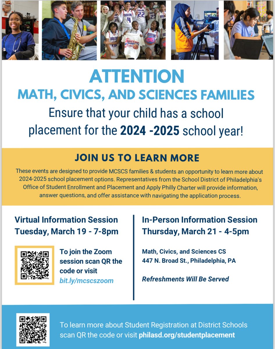 Representatives from the @PHLschools Office of Student Enrollment and Placement and Apply Philly Charter will be hosting information sessions for MCSCS families and students to learn more about 2024–2025 school placement options. #phled