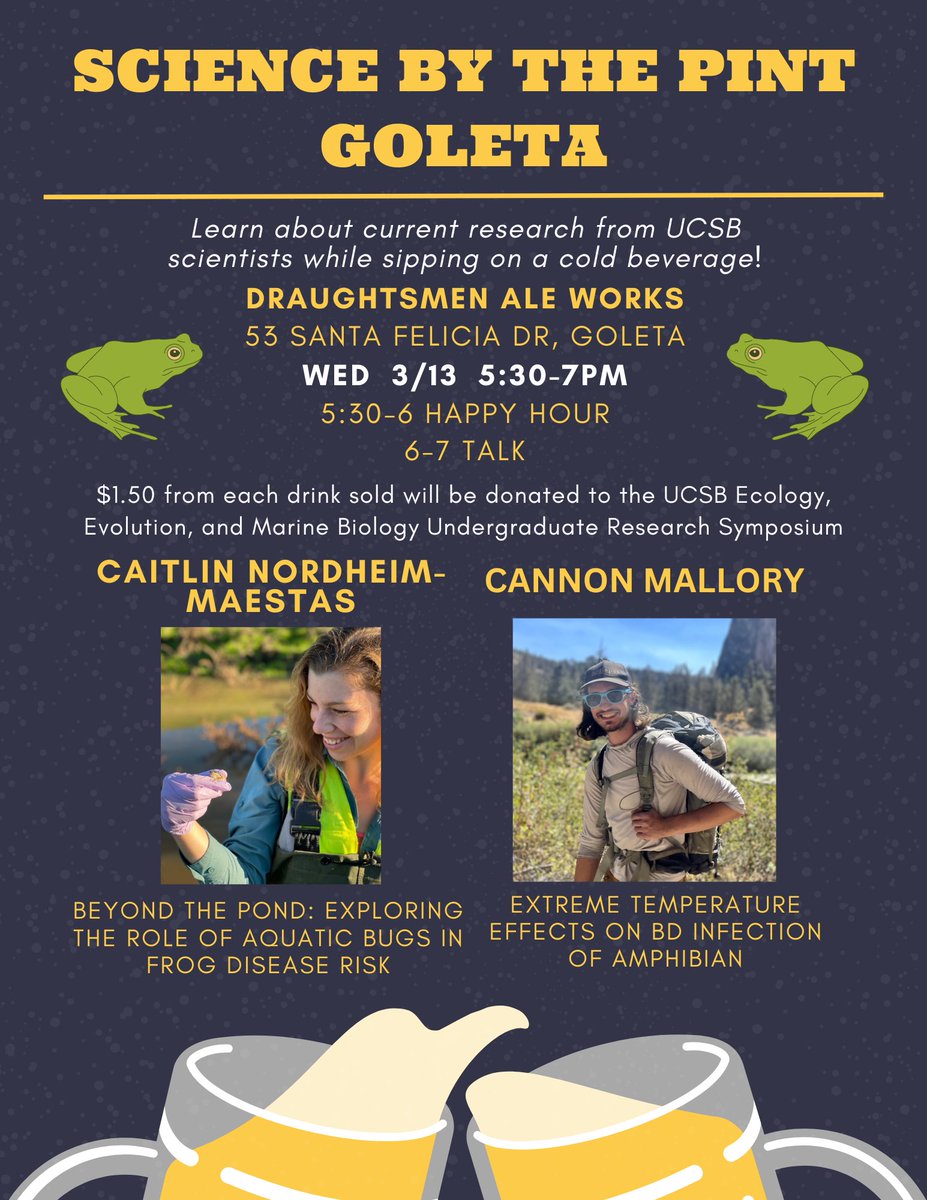 EEMB GSAC (@gsac_ucsb) on Twitter photo Get ready for some ribbeting talks this week! Science by the Pint is happening on Wednesday, 3/13 starting at 5:30. <a href="/caitlinnordheim/">Caitlin Nordheim-Maestas</a> and Cannon will be presenting! Get ready for some ribbeting talks this week! Science by the Pint is happening on Wednesday, 3/13 starting at 5:30. <a href="/caitlinnordheim/">Caitlin Nordheim-Maestas</a> and Cannon will be presenting!