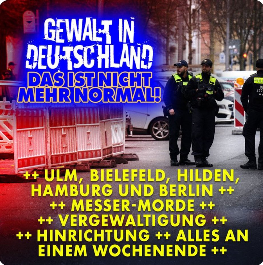 WAS NUN FRAU FAESER❓ Ein mittlerweile „GANZ NORMALES“ Wochenende in Deutschland: ▪️ULM: Iraner tötet 58-Jährigen ▪️BERLIN: 44-Jähriger erschossen ▪️HILDEN: 19-Jährige vergewaltigt ▪️KÖLN: 15-Jähriger ermordet ▪️BIELEFELD: Boxer erschossen ▪️HAMBURG: Moldawier ersticht