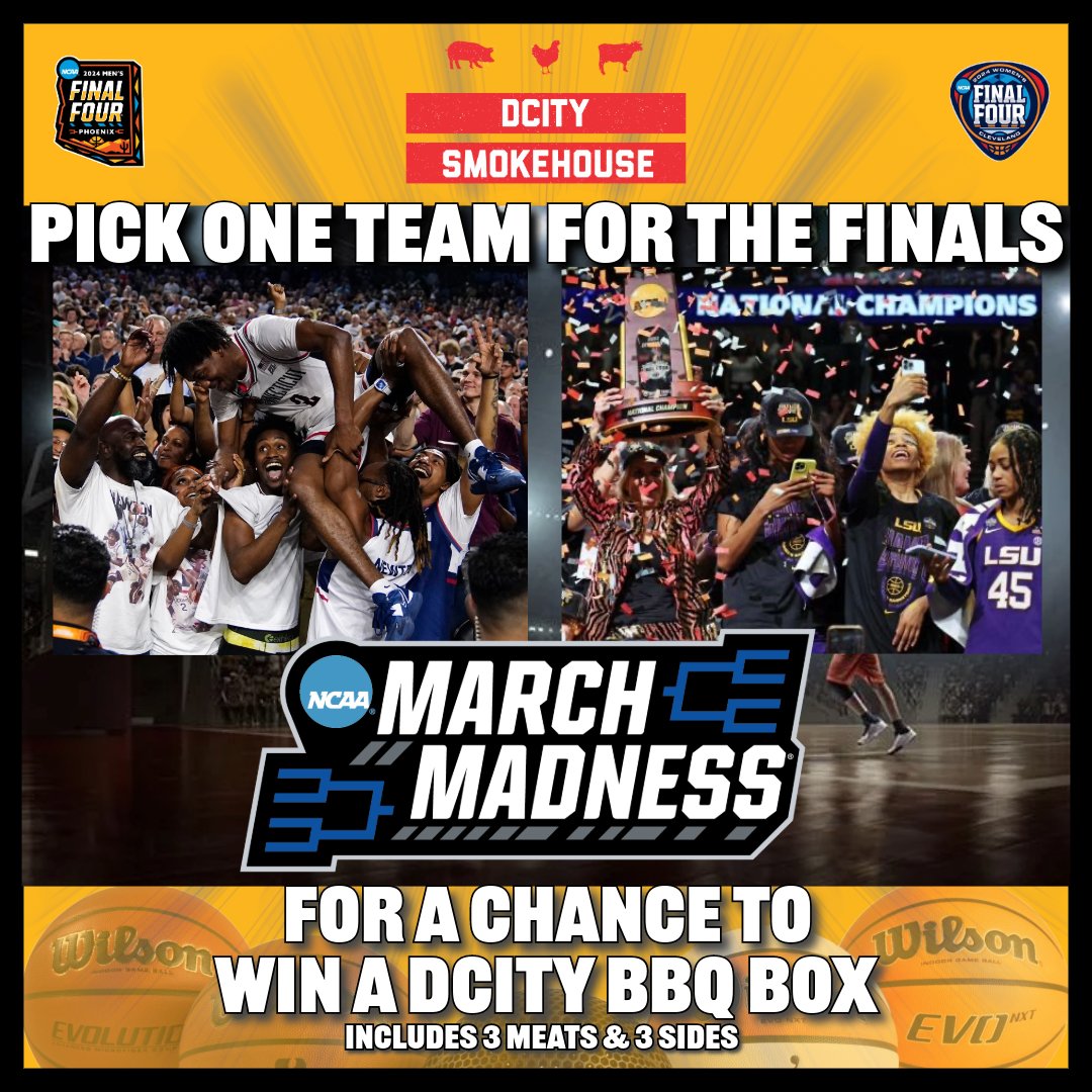 You may enter one team that you think will make it to the Men's or Women's championship game. We will pick a winner from answers posted on the DCity Smokehouse IG or FB page the day before the first game of each tournament. Win a complimentary DCity BBQ BOX! Feeds 4-6 people.