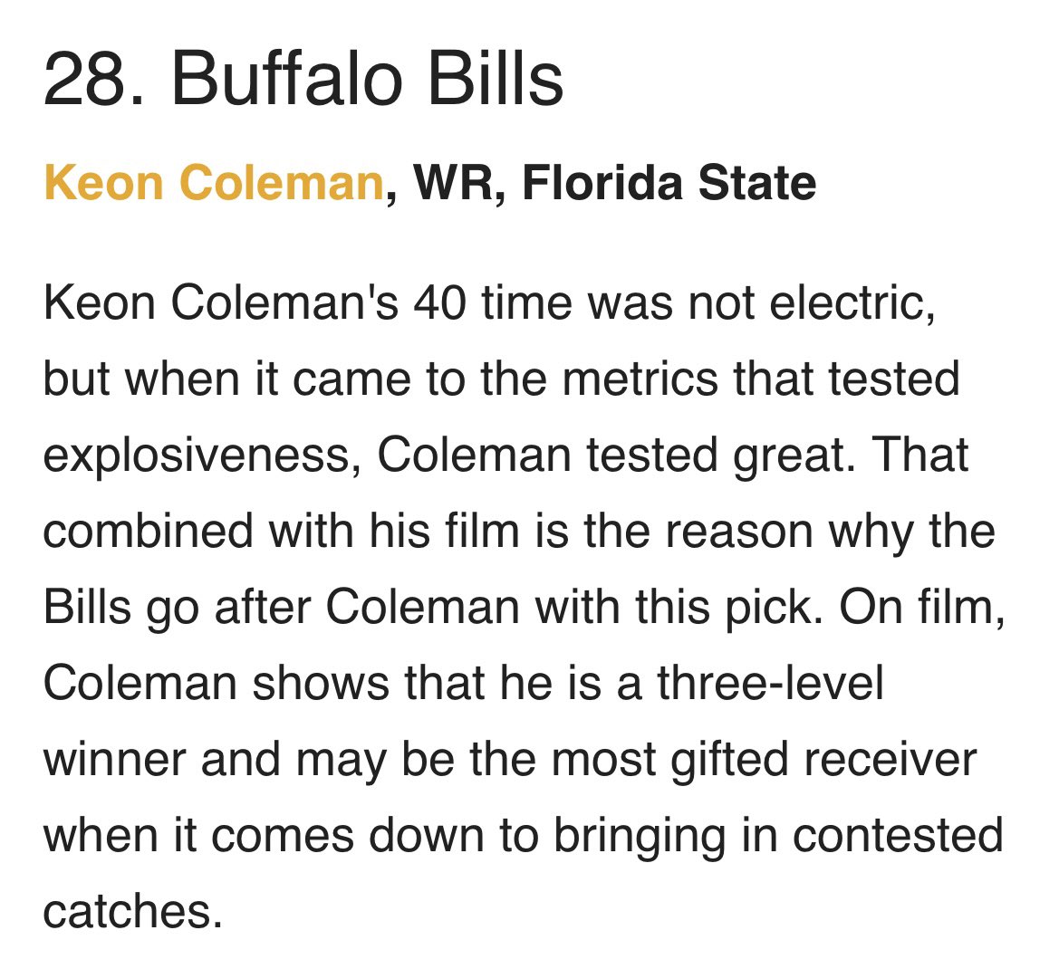 Keon Coleman ➡️ Buffalo Bills would be exactly the style of receiver the Bills need to compliment Diggs !!! thedraftnetwork.com/2024/03/03/nfl…