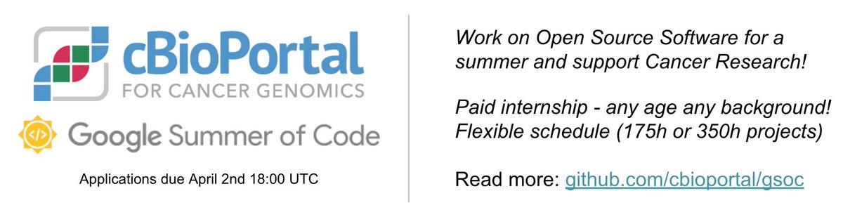cBioPortal (@cbioportal) on Twitter photo Work on Open Source Software for a summer and support Cancer Research! Read more: github.com/cbioportal/gsoc Work on Open Source Software for a summer and support Cancer Research! Read more: github.com/cbioportal/gsoc