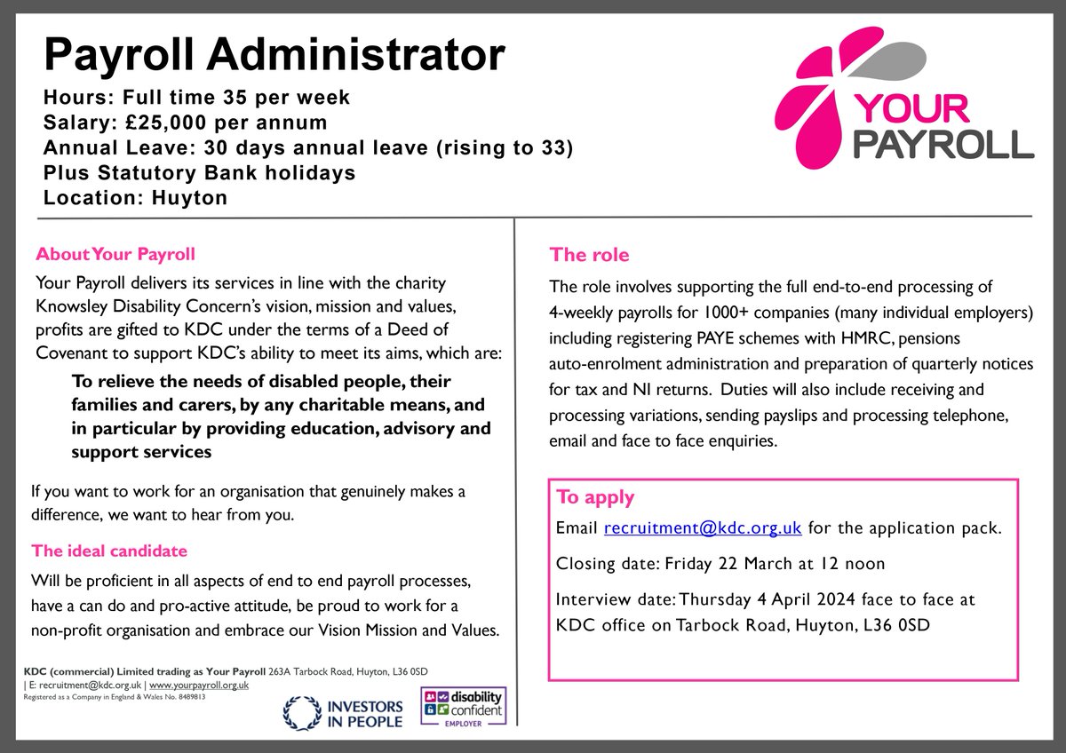 We're hiring for a Payroll Administrator role in our Payroll department, providing support to PAs of disabled people throughout Knowsley and Liverpool. To apply, email recruitment@kdc.org.uk and fill in the application pack provided.