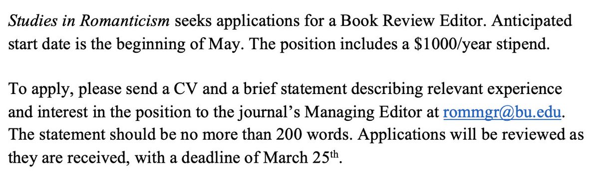 Studies in Romanticism is seeking a Book Review Editor, applications due March 25th: