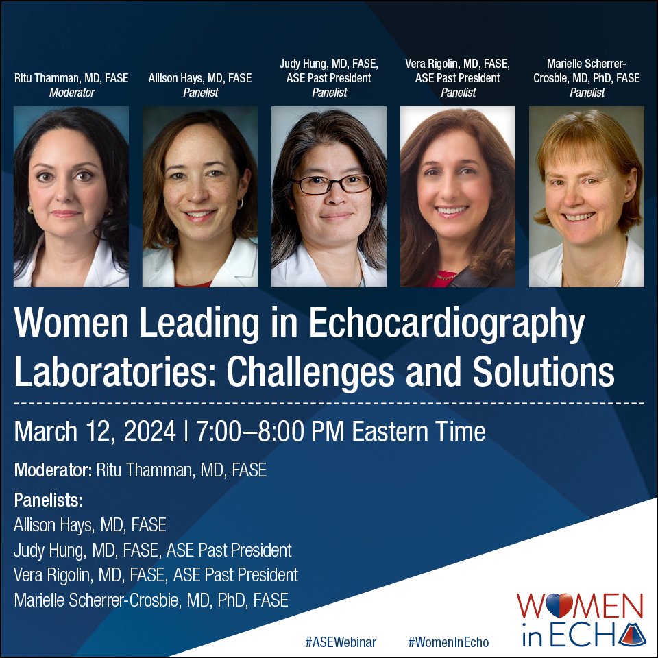 THIS TUESDAY at 7-8 PM ET, join us for our live webinar, 'Women Leading in Echocardiography Laboratories: Challenges and Solutions!' #WomenInEcho #WHM

The webinar will include an engaging panel discussion followed by an interactive Q&A session. Sign up: bit.ly/3uyQdJw