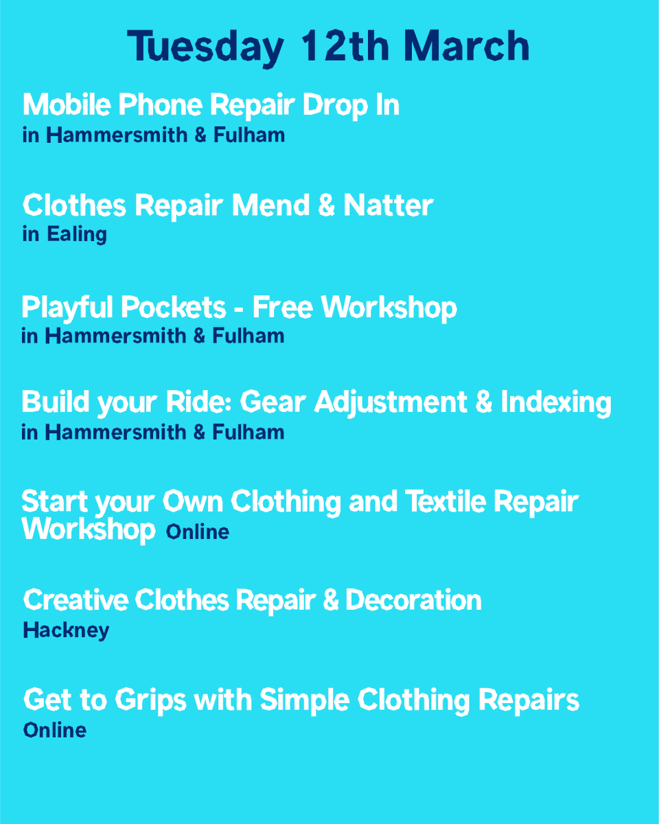 Did you make it down to a Repair Week event today? If not, don't worry! There's loads more scheduled for the rest of the week. Check out some of the great events taking place across the city tomorrow. Browse all events here zurl.co/JiiB #RepairWeekLDN