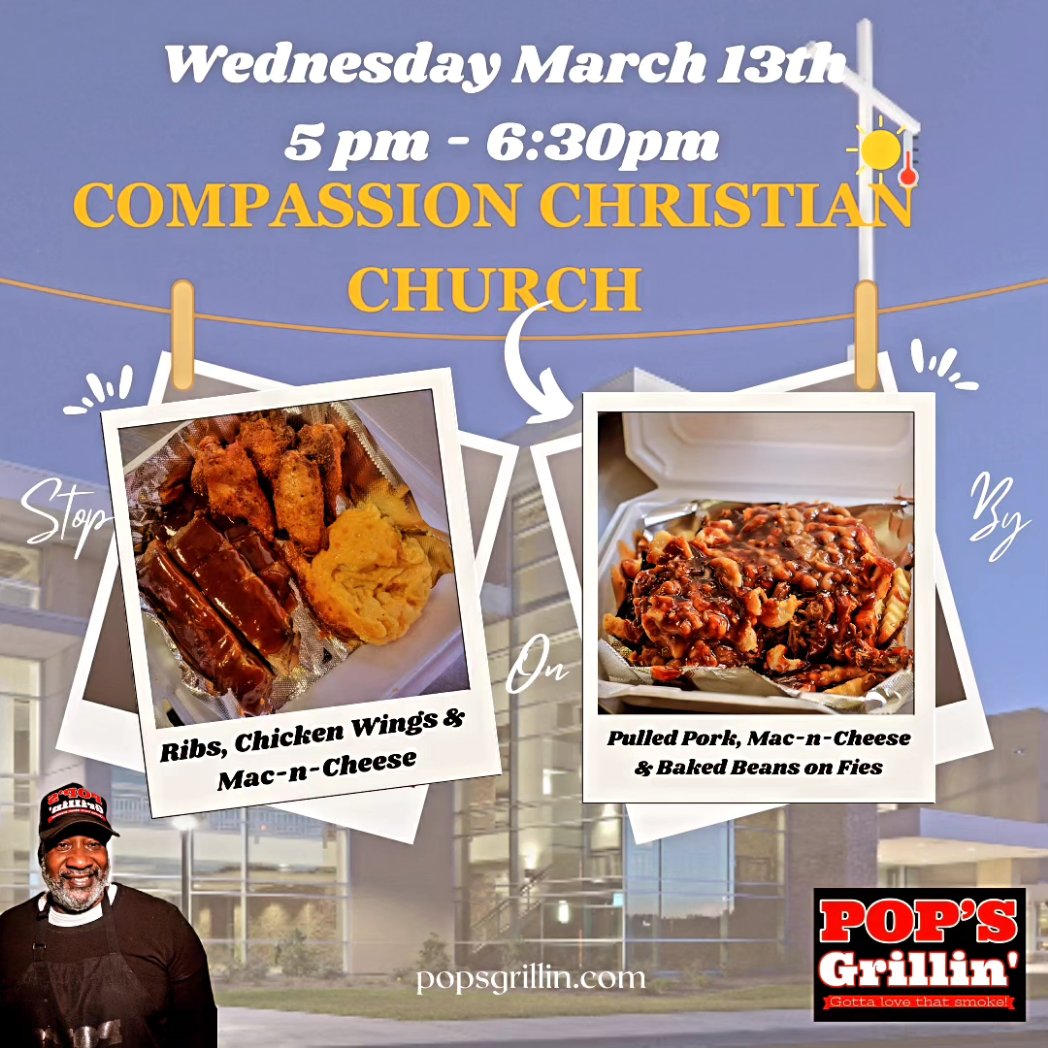 PopsGrillinFans's tweet image. 📢 This Week's First Stop 📢

We'll be serving up some delicious BBQ at @compassionchristian on Wed. 5 PM - 6:30 PM
We look forward to seeing you all.

#foodtruck #foodie #popsgrillin  #Savannah #georgiafoodie #GA #popsgrillin 
#instagram #instadaily 
#fries #bbqchicken
#comment