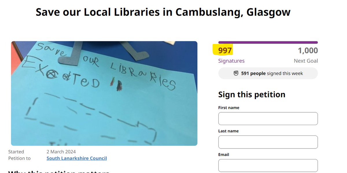 Please help the Save our Libraries petition from @tracemac07 get over 1000 signatures! If you've not already signed, please show much retaining our 140 year old library matters to Cambuslang. Many thanks (link is below)